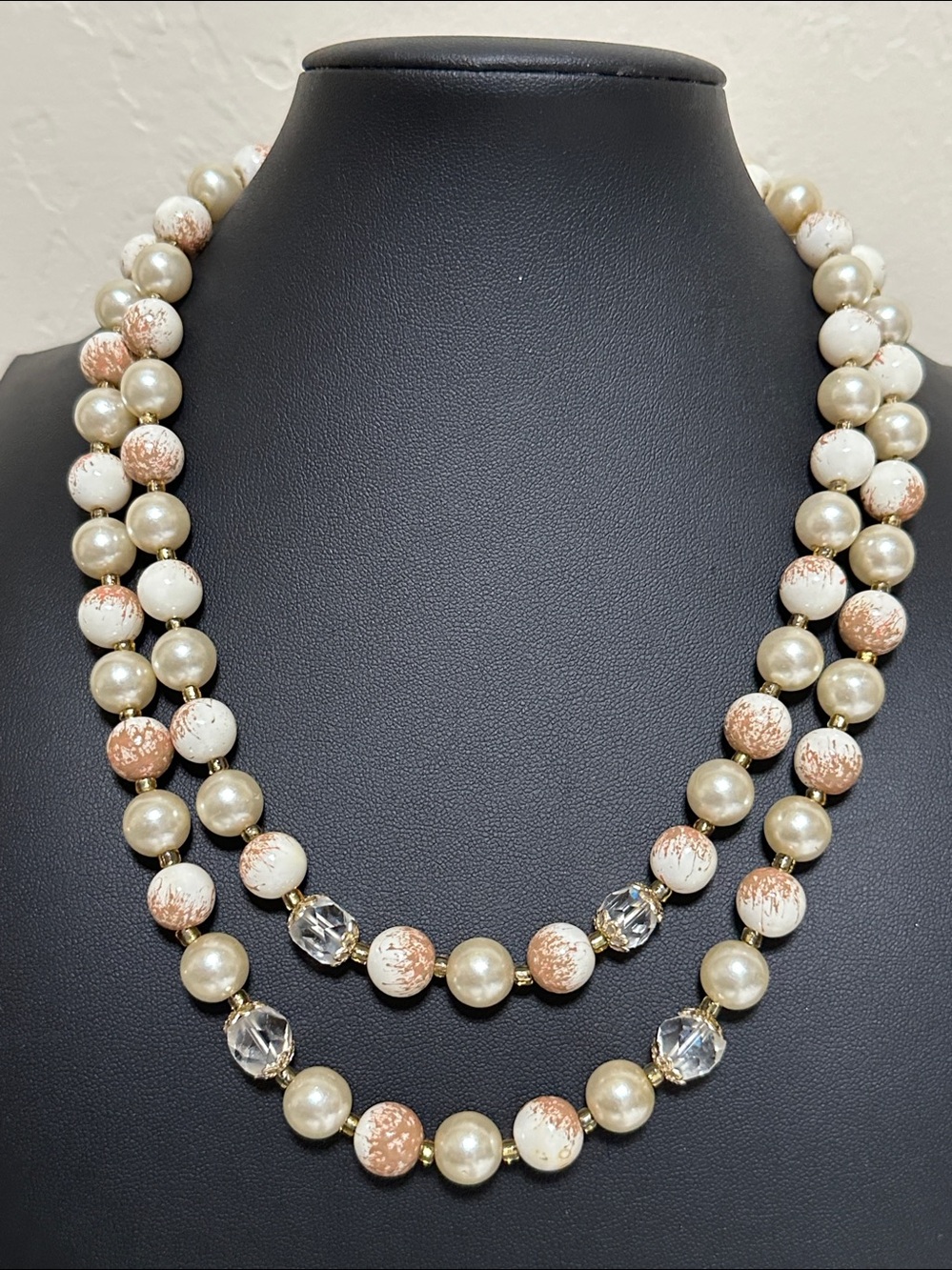 Japan Double Strand Beaded, Faceted Crystal & Faux Pearl Vintage Necklace